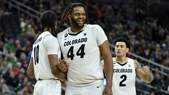 LAS VEGAS, NEVADA - MARCH 16: Cody Williams #10, Eddie Lampkin Jr. #44 and KJ Simpson #2 of the Colorado Buffaloes react in the second half of the championship game against the Oregon Ducks in the Pac-12 basketball tournament at T-Mobile Arena on March 16, 2024 in Las Vegas, Nevada. The Ducks defeated the Buffaloes 75-68.