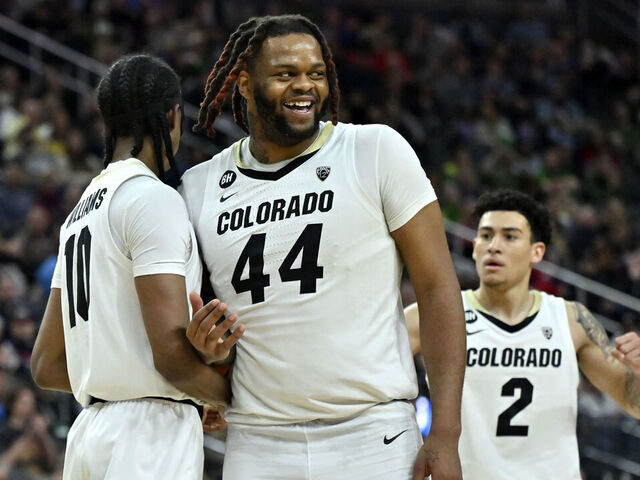 LAS VEGAS, NEVADA - MARCH 16: Cody Williams #10, Eddie Lampkin Jr. #44 and KJ Simpson #2 of the Colorado Buffaloes react in the second half of the championship game against the Oregon Ducks in the Pac-12 basketball tournament at T-Mobile Arena on March 16, 2024 in Las Vegas, Nevada. The Ducks defeated the Buffaloes 75-68.