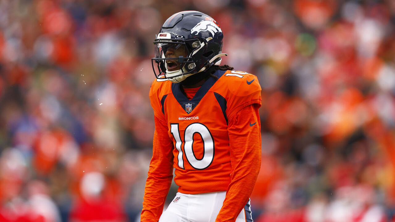 DENVER, COLORADO - OCTOBER 29: Jerry Jeudy #10 of the Denver Broncos celebrates a reception during the second quarter of a game against the Kansas City Chiefs at Empower Field At Mile High on October 29, 2023 in Denver, Colorado.