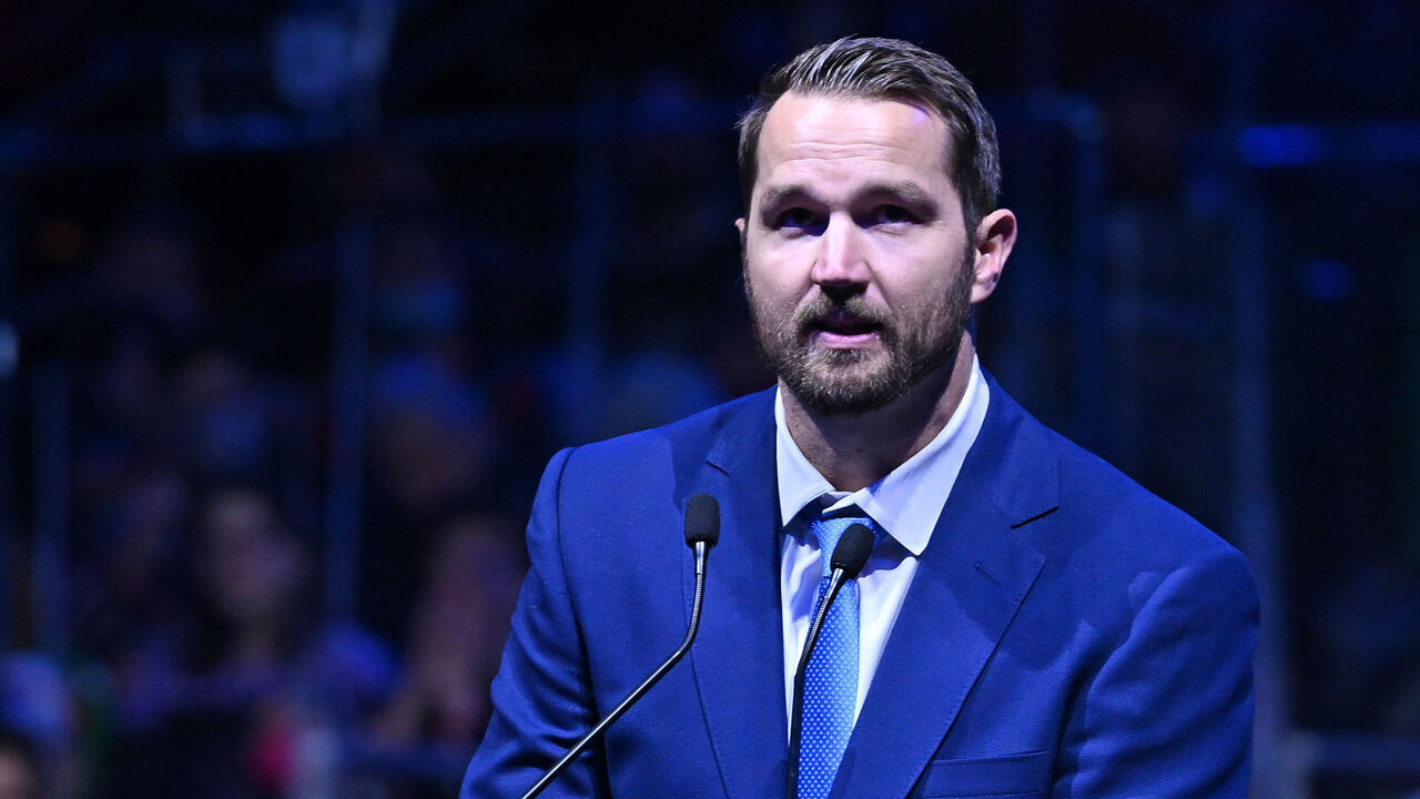 COLUMBUS, OH - MARCH 5: Former Columbus Blue Jackets forward Rick Nash #61 speaks during his jersey retirement ceremony prior to a game against the Boston Bruins at Nationwide Arena on March 5, 2022 in Columbus, Ohio.