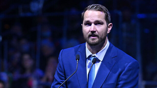 COLUMBUS, OH - MARCH 5: Former Columbus Blue Jackets forward Rick Nash #61 speaks during his jersey retirement ceremony prior to a game against the Boston Bruins at Nationwide Arena on March 5, 2022 in Columbus, Ohio.