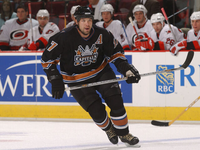 RALEIGH, NC - SEPTEMBER 28: Left wing Chris Simon #17 of the Washington Capitals skates on the ice during the NHL preseason game against the Carolina Hurricanes on September 28, 2002 at the RBC Center in Raleigh, North Carolina. The Capitals won 6-1.