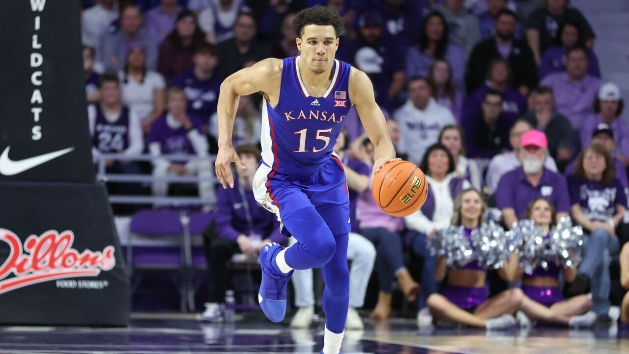 MANHATTAN, KS - FEBRUARY 05: Kansas Jayhawks guard Kevin McCullar Jr. (15) brings the ball up court in the second half of a Big 12 basketball game between the Kansas Jayhawks and Kansas State Wildcats on Feb 5, 2024 at Bramlage Coliseum in Manhattan, KS.