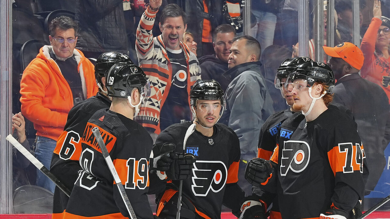 PHILADELPHIA, PENNSYLVANIA - MARCH 19: Morgan Frost #48 of the Philadelphia Flyers celebrates with Garnet Hathaway #19, Travis Sanheim #6, Ronnie Attard #23, and Owen Tippett #74 of the Philadelphia Flyers after scoring a goal against the Toronto Maple Leafs in the second period at the Wells Fargo Center on March 19, 2024 in Philadelphia, Pennsylvania.
