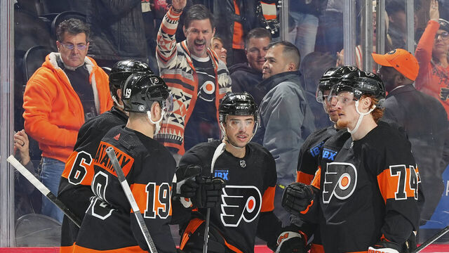 PHILADELPHIA, PENNSYLVANIA - MARCH 19: Morgan Frost #48 of the Philadelphia Flyers celebrates with Garnet Hathaway #19, Travis Sanheim #6, Ronnie Attard #23, and Owen Tippett #74 of the Philadelphia Flyers after scoring a goal against the Toronto Maple Leafs in the second period at the Wells Fargo Center on March 19, 2024 in Philadelphia, Pennsylvania.
