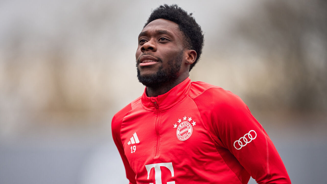 MUNICH, GERMANY - MARCH 12: Alphonso Davies of FC Bayern Muenchen at Saebener Strasse training ground on March 12, 2024 in Munich, Germany.