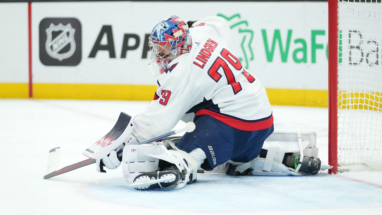 SEATTLE, WA - MARCH 14: Washington Capitals goaltender Charlie Lindgren (79) reacts during an NHL game between the Seattle Kraken and the Washington Capitals on March 14, 2024 at Climate Pledge Arena in Seattle, WA.