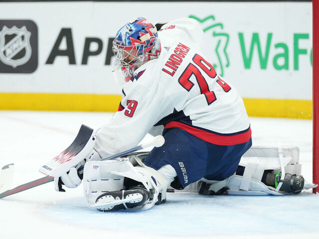 SEATTLE, WA - MARCH 14: Washington Capitals goaltender Charlie Lindgren (79) reacts during an NHL game between the Seattle Kraken and the Washington Capitals on March 14, 2024 at Climate Pledge Arena in Seattle, WA.