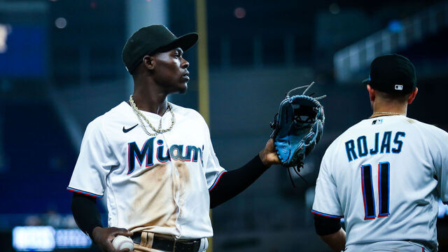 MIAMI, FL - JUNE 09: Jazz Chisholm Jr. #2 of the Miami Marlins looks on as he exits the field in the sixth inning during the game between the Washington Nationals and the Miami Marlins at loanDepot park on Thursday, June 9, 2022 in Miami, Florida.