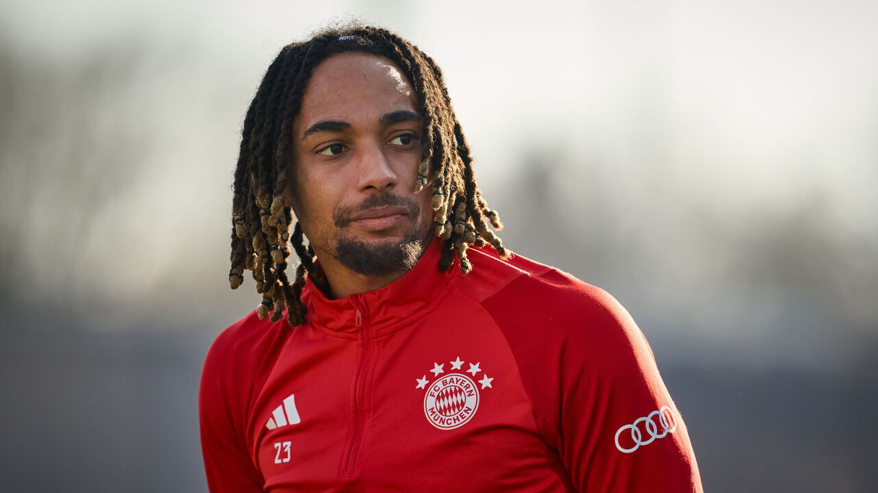 MUNICH, GERMANY - MARCH 08: (EDITOR'S NOTE: Image has been digitally enhanced.) Sacha Boey of FC Bayern Muenchen during training session at Saebener Strasse training ground on March 08, 2024 in Munich, Germany.