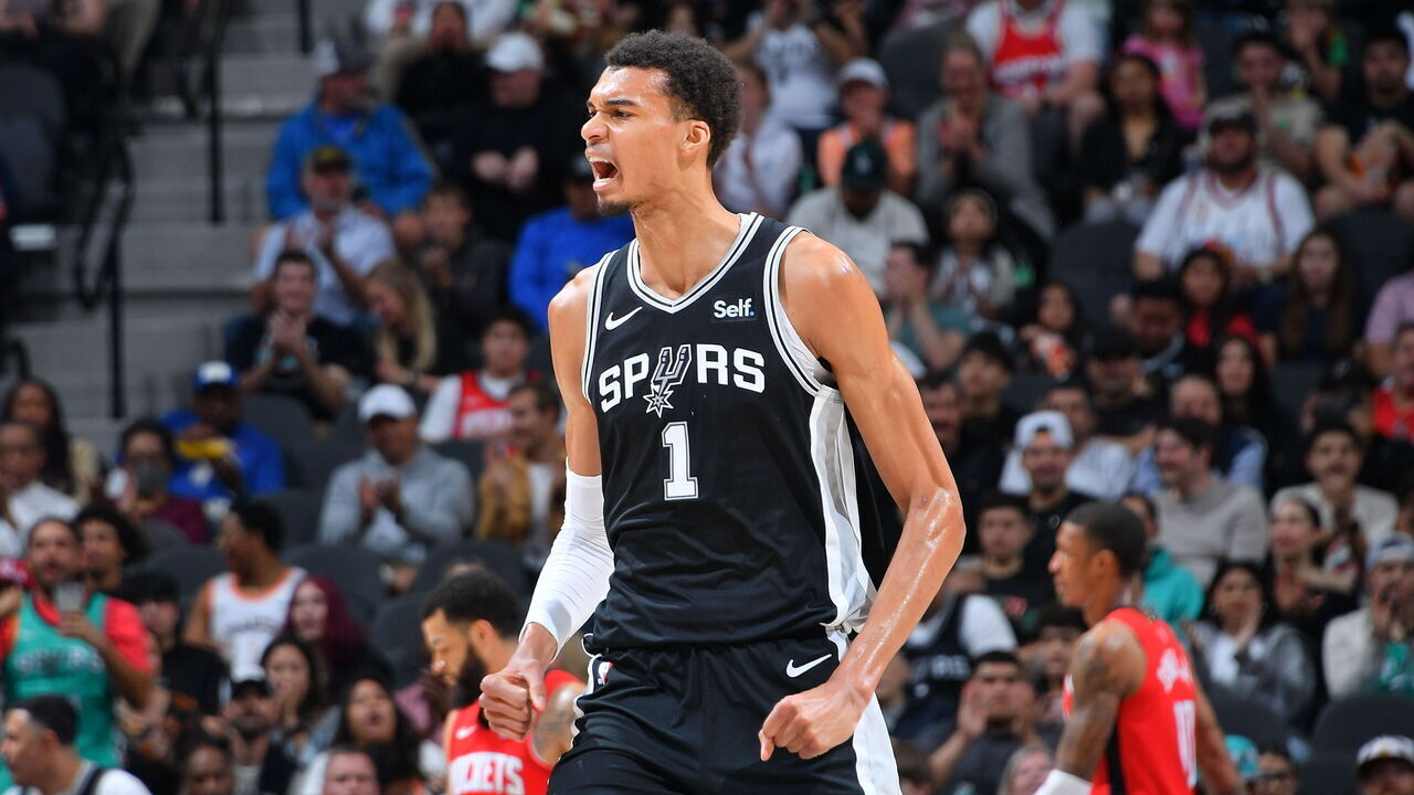 SAN ANTONIO, TX - MARCH 12: Victor Wembanyama #1 of the San Antonio Spurs celebrates during the game against the Houston Rockets on March 12, 2024 at the Frost Bank Center in San Antonio, Texas. Mandatory Copyright Notice: Copyright 2024 NBAE (Photos by Michael Gonzales/NBAE via Getty Images)