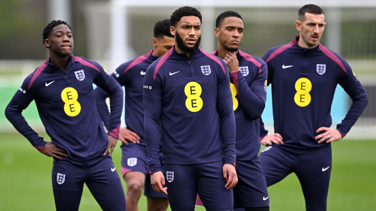 BURTON-UPON-TRENT, ENGLAND - MARCH 20: Kobbie Mainoo, Joe Gomez, Ezri Konsa and Lewis Dunk of England look on during a training session at St Georges Park on March 20, 2024 in Burton-upon-Trent, England.