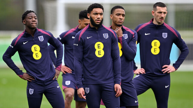 BURTON-UPON-TRENT, ENGLAND - MARCH 20: Kobbie Mainoo, Joe Gomez, Ezri Konsa and Lewis Dunk of England look on during a training session at St Georges Park on March 20, 2024 in Burton-upon-Trent, England.