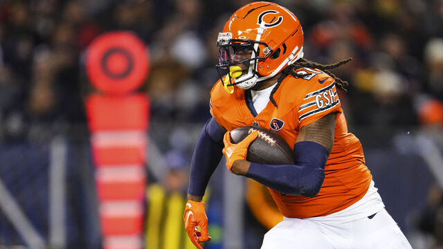 CHICAGO, IL - NOVEMBER 09: D'Onta Foreman #21 of the Chicago Bears runs the ball during an NFL football game against the Carolina Panthers at Soldier Field on November 9, 2023 in Chicago, Illinois.