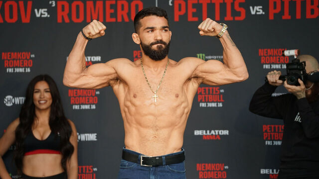 CHICAGO, IL - JUNE 15: Patricio Pitbull poses for a photo at the Bellator 297 ceremonial weigh-ins on June 15, 2023, at the Wintrust Arena in Chicago, IL.
