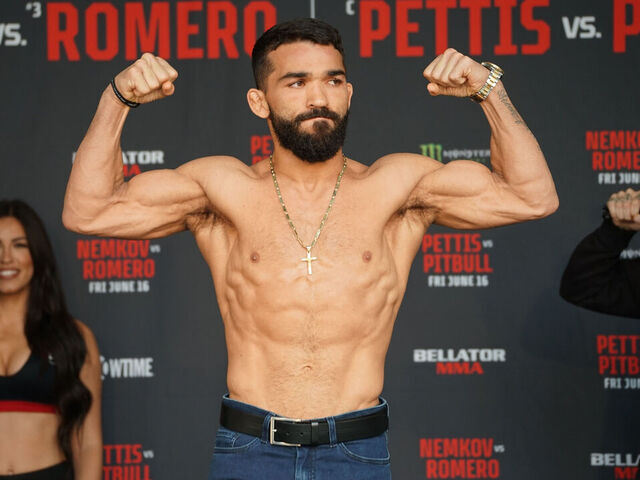 CHICAGO, IL - JUNE 15: Patricio Pitbull poses for a photo at the Bellator 297 ceremonial weigh-ins on June 15, 2023, at the Wintrust Arena in Chicago, IL.