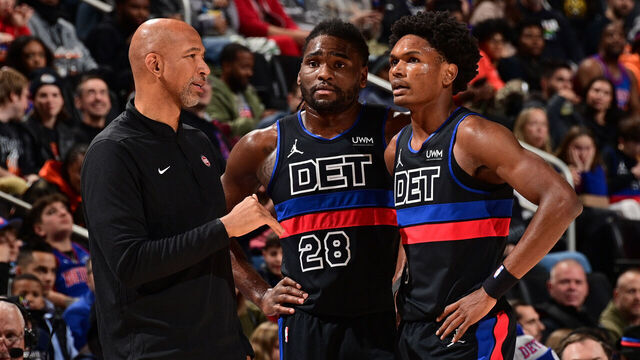 DETROIT, MI - NOVEMBER 20: Head Coach Monty Williams of the Detroit Pistons Isaiah Stewart #28 of the Detroit Pistons & Ausar Thompson #9 of the Detroit Pistons looks on during the game on November 20, 2023 at Little Caesars Arena in Detroit, Michigan. NOTE TO USER: User expressly acknowledges and agrees that, by downloading and/or using this photograph, User is consenting to the terms and conditions of the Getty Images License Agreement. Mandatory Copyright Notice: Copyright 2023 NBAE