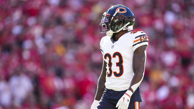 KANSAS CITY, MO - SEPTEMBER 24: Jaylon Johnson #33 of the Chicago Bears looks on from the field during at GEHA Field at Arrowhead Stadium on September 24, 2023 in Kansas City, Missouri.