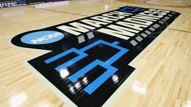 SALT LAKE CITY, UTAH - MARCH 20: Detail of the March Madness logo on the court ahead of the NCAA Men's Basketball Tournament at Delta Center on March 20, 2024 in Salt Lake City, Utah.