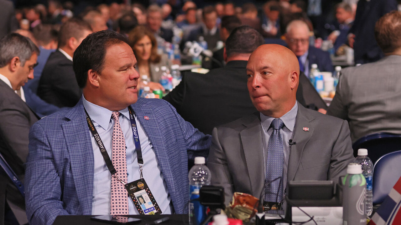 NASHVILLE, TENNESSEE - JUNE 29: (L-R) Jeff Gorton and Kent Hughes of the Montreal Canadiens works the 2023 Upper Deck NHL Draft at Bridgestone Arena on June 29, 2023 in Nashville, Tennessee.