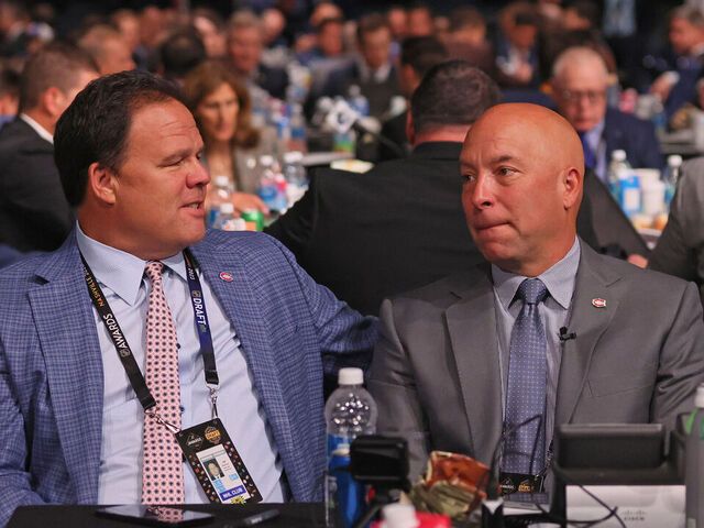 NASHVILLE, TENNESSEE - JUNE 29: (L-R) Jeff Gorton and Kent Hughes of the Montreal Canadiens works the 2023 Upper Deck NHL Draft at Bridgestone Arena on June 29, 2023 in Nashville, Tennessee.
