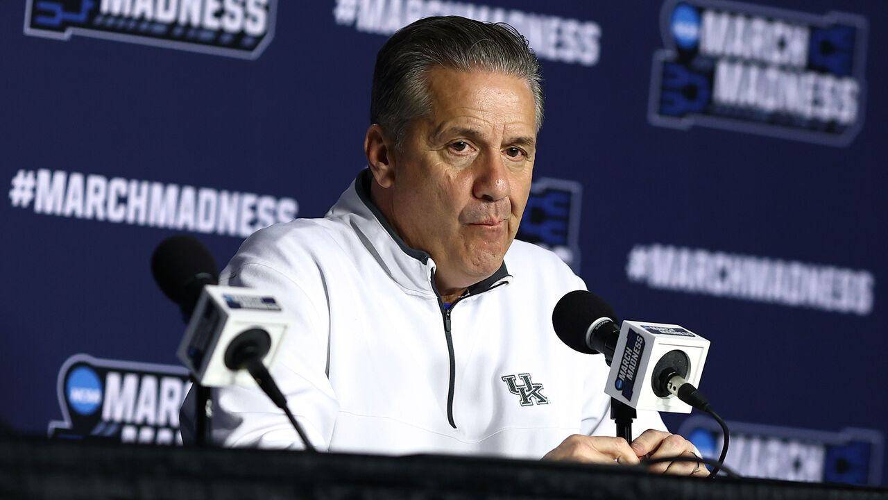 PITTSBURGH, PENNSYLVANIA - MARCH 20: Head coach John Calipari of the Kentucky Wildcats speaks during practice day at PPG PAINTS Arena on March 20, 2024 in Pittsburgh, Pennsylvania.