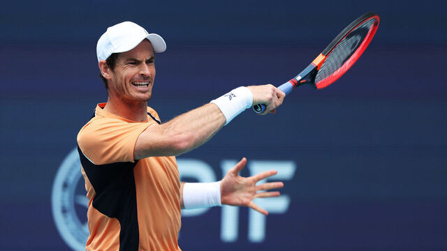 MIAMI GARDENS, FLORIDA - MARCH 20: Andy Murray of Great Britain returns a shot against Matteo Berrenttini of Italy during their match on Day 5 of the Miami Open at Hard Rock Stadium on March 20, 2024 in Miami Gardens, Florida.