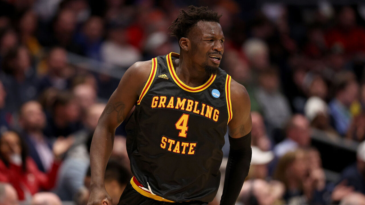 DAYTON, OHIO - MARCH 20: Antwan Burnett #4 of the Grambling State Tigers celebrates a basket against the Montana State Bobcats during the first half in the First Four game of the NCAA Men's Basketball Tournament at University of Dayton Arena on March 20, 2024 in Dayton, Ohio.