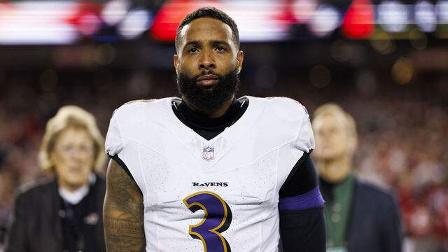 SANTA CLARA, CALIFORNIA - DECEMBER 25: Odell Beckham Jr. #3 of the Baltimore Ravens looks on from the sideline before an NFL football game against the San Francisco 49ers at Levi's Stadium on December 25, 2023 in Santa Clara, California.