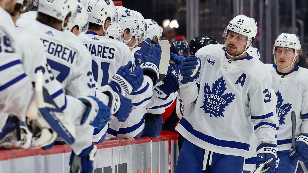 WASHINGTON, DC - MARCH 20: Auston Matthews #34 of the Toronto Maple Leafs celebrates a goal in the first period during a game against the Washington Capitals at Capital One Arena on March 20, 2024 in Washington, D.C.