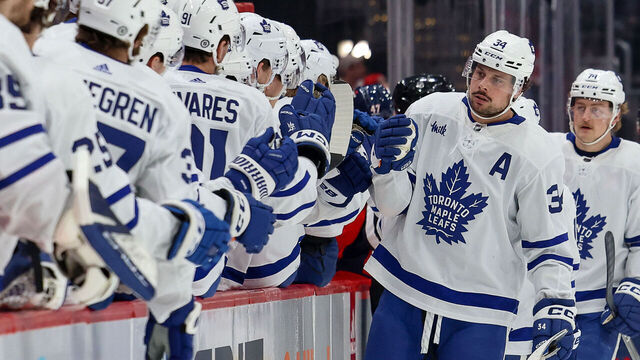 WASHINGTON, DC - MARCH 20: Auston Matthews #34 of the Toronto Maple Leafs celebrates a goal in the first period during a game against the Washington Capitals at Capital One Arena on March 20, 2024 in Washington, D.C.
