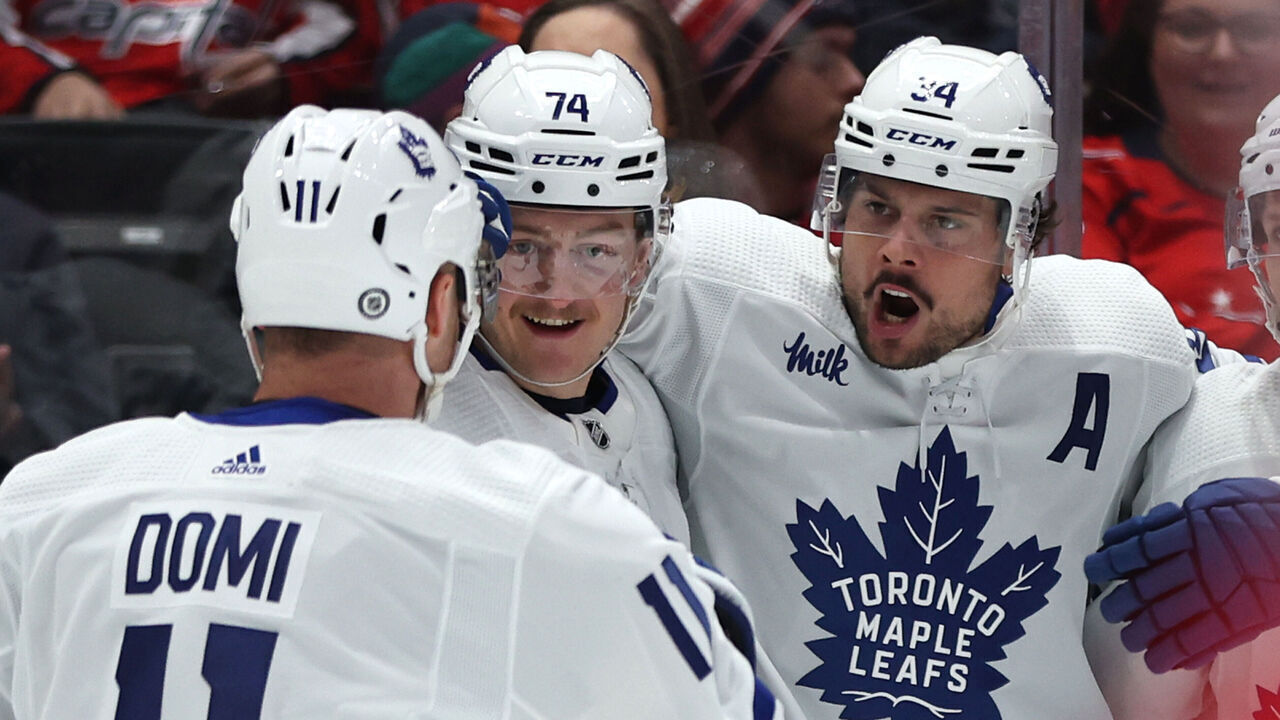 WASHINGTON, DC - MARCH 20: Auston Matthews #34 of the Toronto Maple Leafs celebrates with teammates after scoring a goal against the Washington Capitals during the first period at Capital One Arena on March 20, 2024 in Washington, DC.