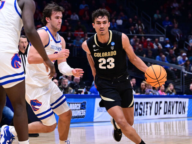 DAYTON, OHIO - MARCH 20: Tristan da Silva #23 of the Colorado Buffaloes drives to the basket as Tyson Degenhart #2 of the Boise State Broncos defends during the First Four round of the 2024 NCAA Men's Basketball Tournament held at University of Dayton Arena on March 20, 2024 in Dayton, Ohio.