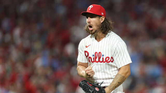 PHILADELPHIA, PA - OCTOBER 23: Michael Lorenzen #22 of the Philadelphia Phillies reacts after a strike out during Game 6 of the NLCS between the Arizona Diamondbacks and the Philadelphia Phillies at Citizens Bank Park on Monday, October 23, 2023 in Philadelphia, Pennsylvania.
