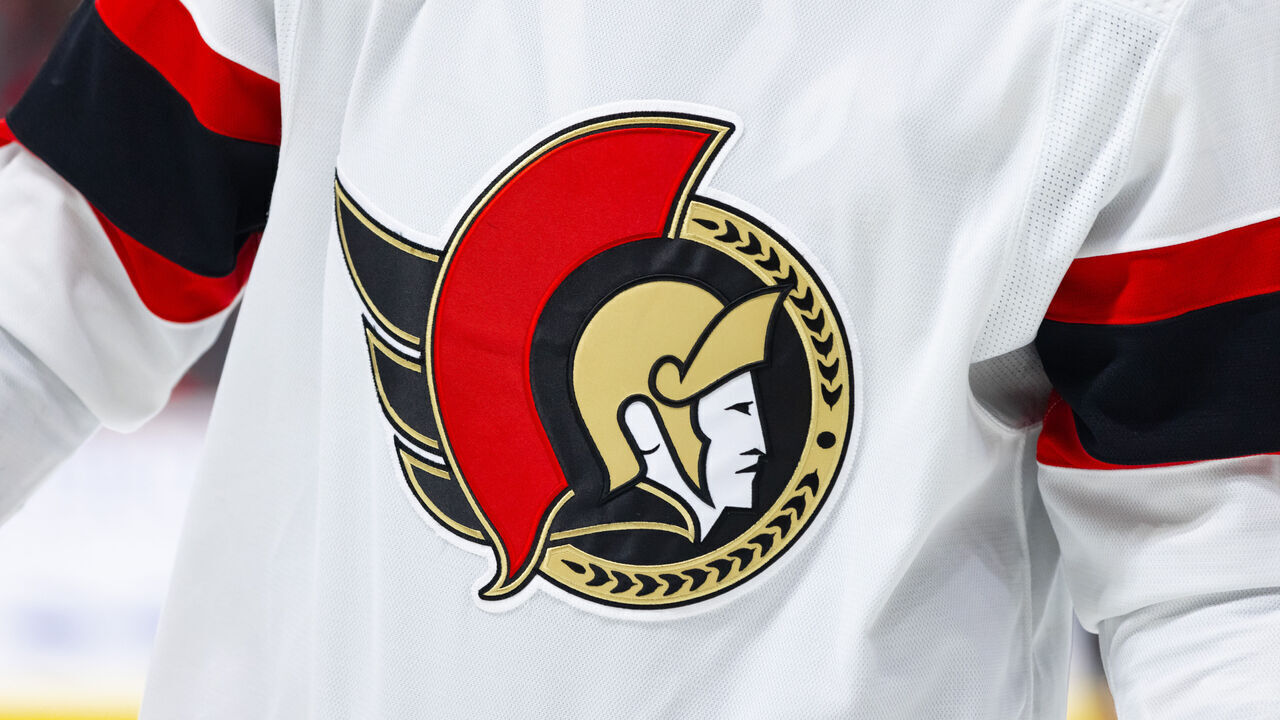 OTTAWA, ON - MARCH 17: Close-up view of the Ottawa Senators jersey logo during first period National Hockey League action between the Carolina Hurricanes and Ottawa Senators on March 17, 2024, at Canadian Tire Centre in Ottawa, ON, Canada.