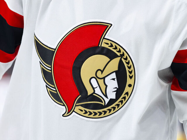 OTTAWA, ON - MARCH 17: Close-up view of the Ottawa Senators jersey logo during first period National Hockey League action between the Carolina Hurricanes and Ottawa Senators on March 17, 2024, at Canadian Tire Centre in Ottawa, ON, Canada.