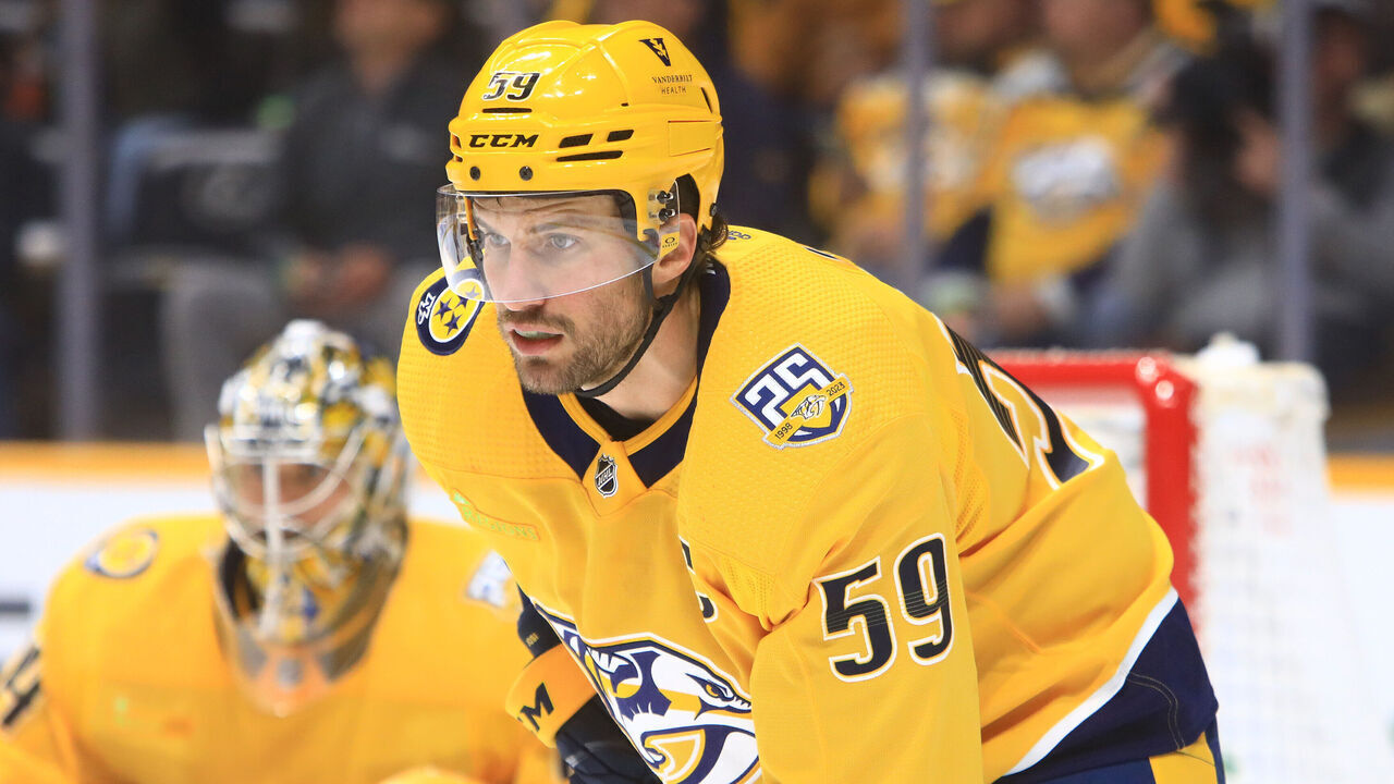 NASHVILLE, TN - MARCH 19: Nashville Predators defenseman Roman Josi (59) is shown during the NHL game between the Nashville Predators and San Jose Sharks, held on March 19, 2024, at Bridgestone Arena in Nashville, Tennessee.
