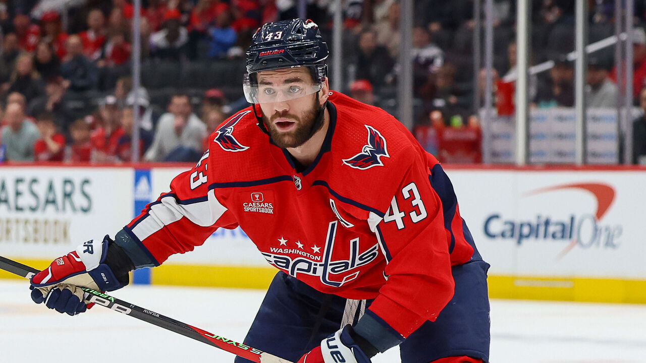 WASHINGTON, DC - MARCH 3: Tom Wilson #43 of the Washington Capitals waits for a pass during a game against the Arizona Coyotes at Capital One Arena on March 3, 2024 in Washington, D.C.