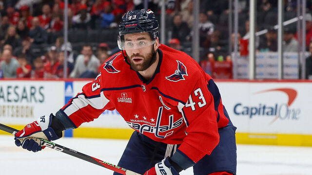 WASHINGTON, DC - MARCH 3: Tom Wilson #43 of the Washington Capitals waits for a pass during a game against the Arizona Coyotes at Capital One Arena on March 3, 2024 in Washington, D.C.