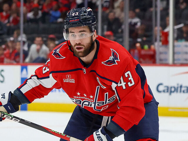 WASHINGTON, DC - MARCH 3: Tom Wilson #43 of the Washington Capitals waits for a pass during a game against the Arizona Coyotes at Capital One Arena on March 3, 2024 in Washington, D.C.