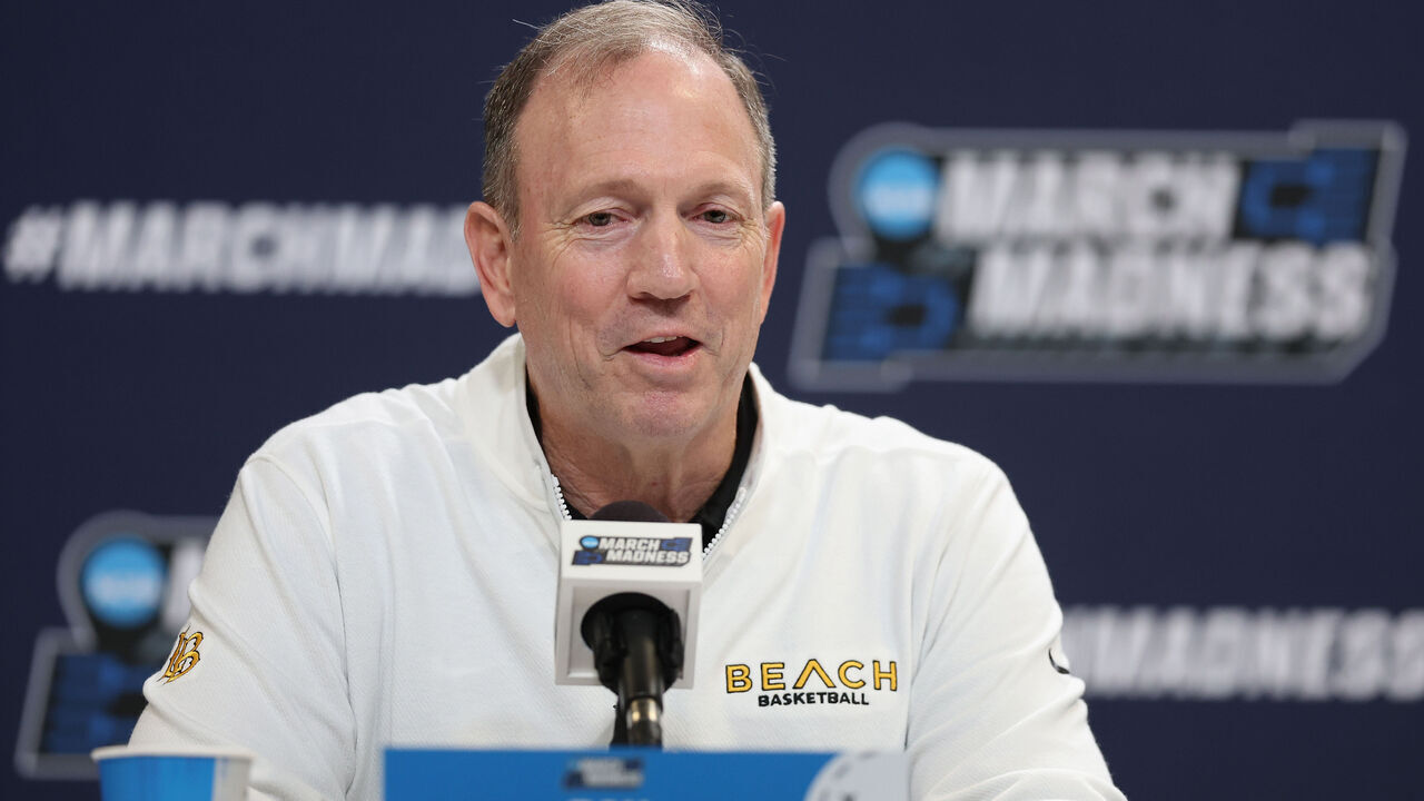 SALT LAKE CITY, UTAH - MARCH 20: Head coach Dan Monson of the Long Beach State 49ers speaks during a press conference ahead of the NCAA Men's Basketball Tournament at Delta Center on March 20, 2024 in Salt Lake City, Utah.