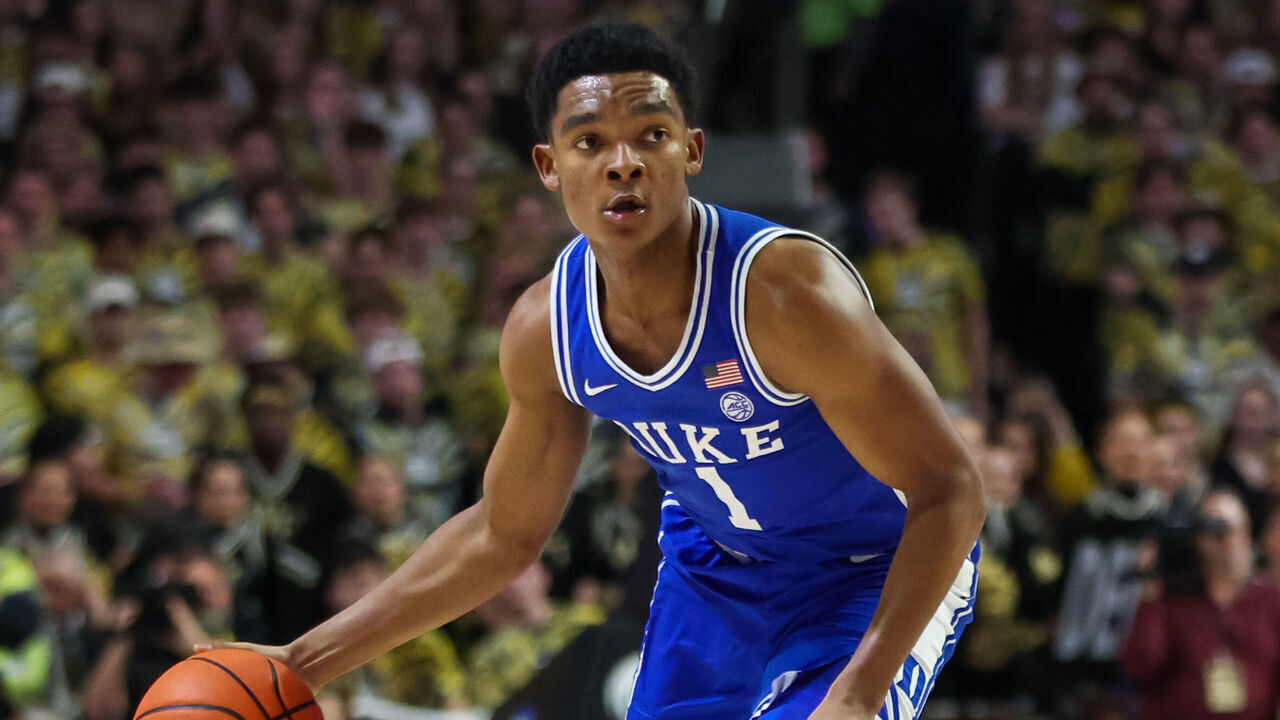WINSTON-SALEM, NC - FEBRUARY 24: Caleb Foster #1 of the Duke Blue Devils controls the ball during a basketball game against the Wake Forest Demon Deacons at Lawrence Joel Veterans Memorial Coliseum on February 24, 2024 in Charlotte, North Carolina.