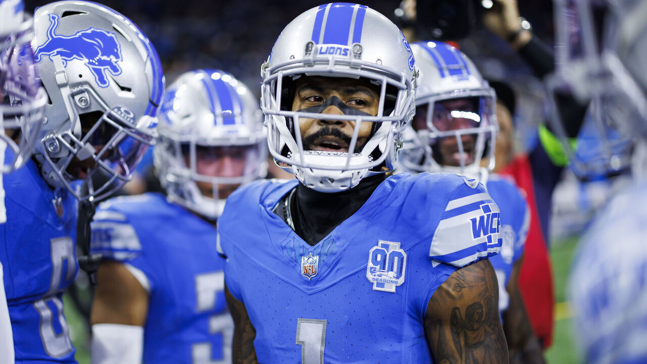 DETROIT, MICHIGAN - DECEMBER 16: Cameron Sutton #1 of the Detroit Lions is seen in the team huddle during pregame warmups before an NFL football game against the Denver Broncos at Ford Field on December 16, 2023 in Detroit, Michigan.