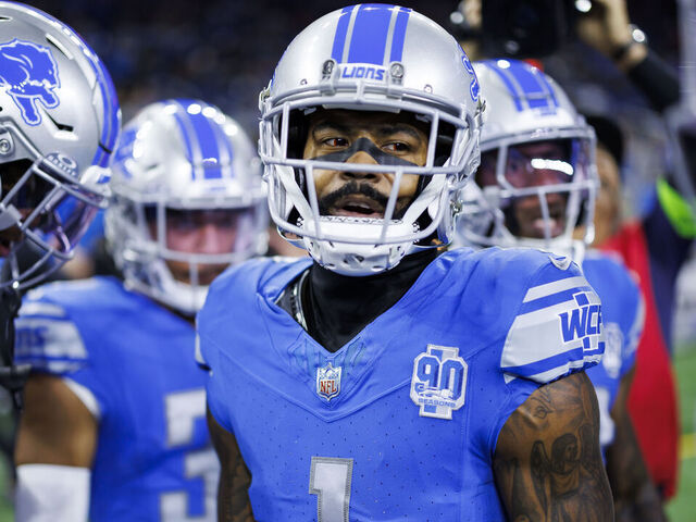 DETROIT, MICHIGAN - DECEMBER 16: Cameron Sutton #1 of the Detroit Lions is seen in the team huddle during pregame warmups before an NFL football game against the Denver Broncos at Ford Field on December 16, 2023 in Detroit, Michigan.