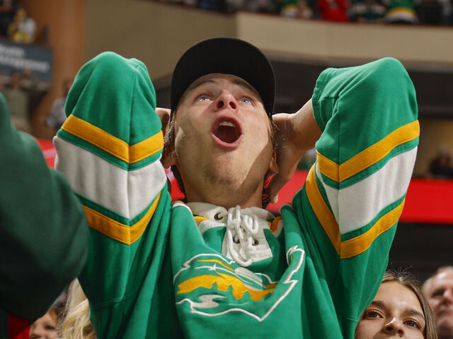 SAINT PAUL, MN - MARCH 10: A fan reacts after the Minnesota Wild score a goal during the game against the Nashville Predators at the Xcel Energy Center on March 10, 2024 in Saint Paul, Minnesota.