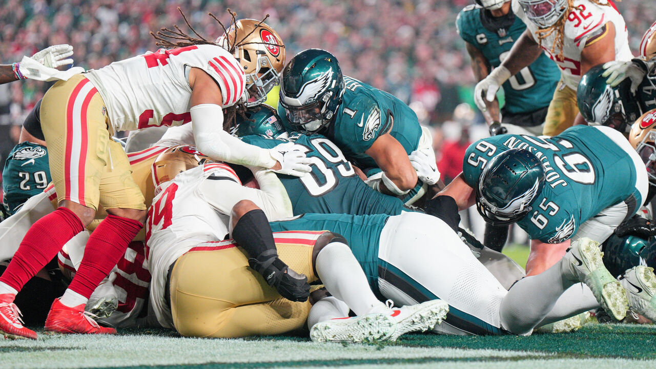 PHILADELPHIA, PA - DECEMBER 03: Philadelphia Eagles quarterback Jalen Hurts (1) scores on a tush push during the game between the San Fransisco 49ers and the Philadelphia Eagles on December 3, 2023 at Lincoln Financial Field.