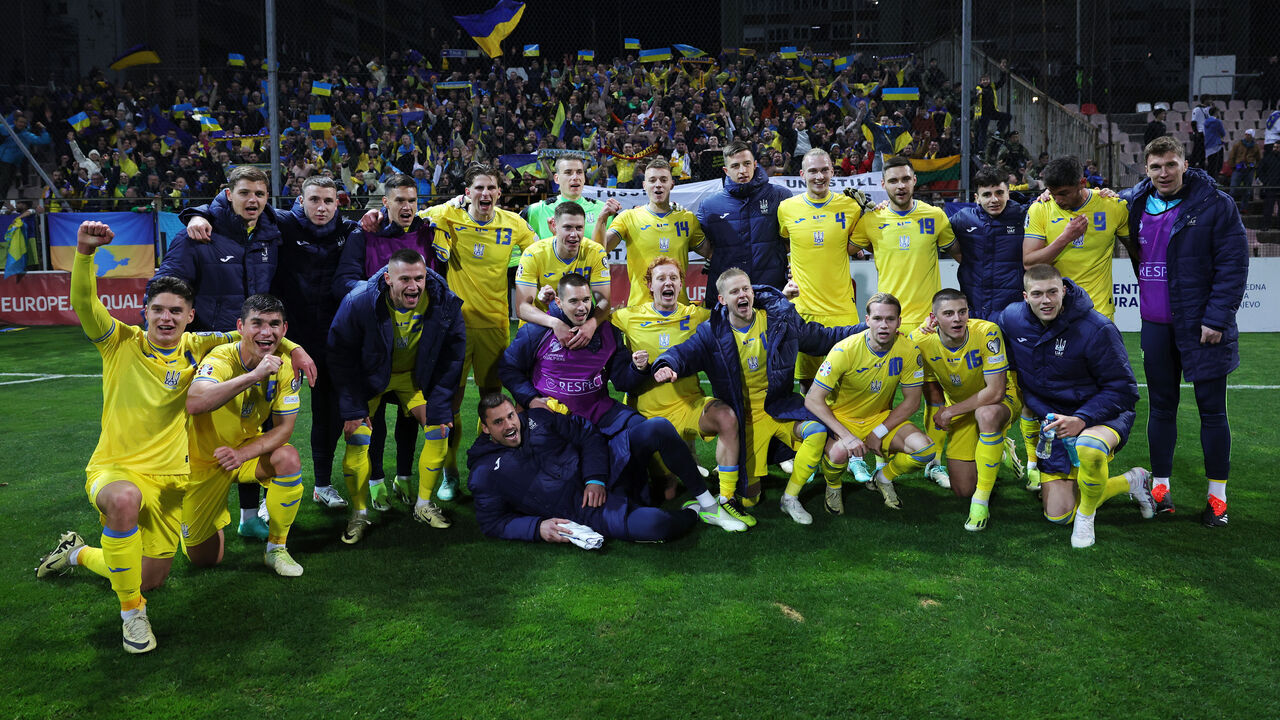 ZENICA, BOSNIA AND HERZEGOVINA - MARCH 21: Players of Ukraine celebrate after the team's victory in the UEFA EURO 2024 Play-Offs semifinal match between Bosnia and Herzegovina and Ukraine at Bilino Polje Stadium on March 21, 2024 in Zenica, Bosnia and Herzegovina.