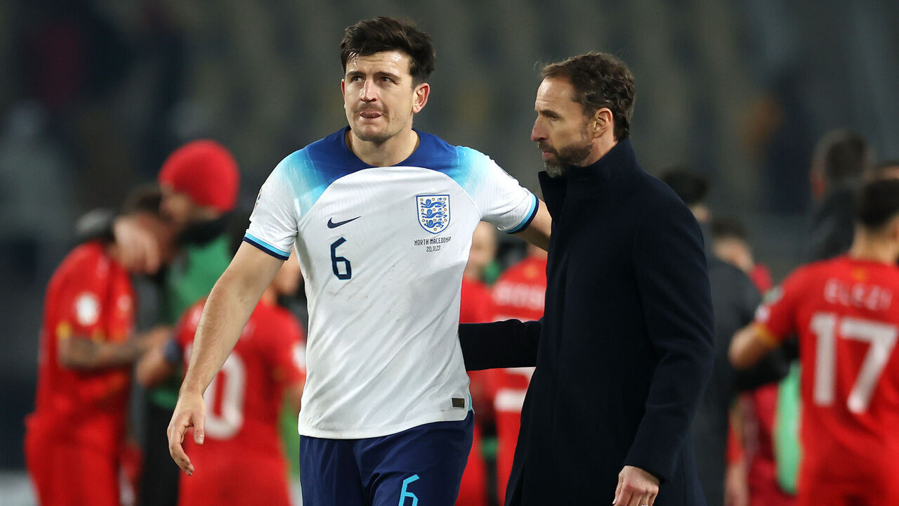 SKOPJE, MACEDONIA - NOVEMBER 20: Harry Maguire of England interacts with Head Coach Gareth Southgate after the draw in the UEFA EURO 2024 European qualifier match between North Macedonia and England at National Arena Todor Proeski on November 20, 2023 in Skopje, Macedonia.