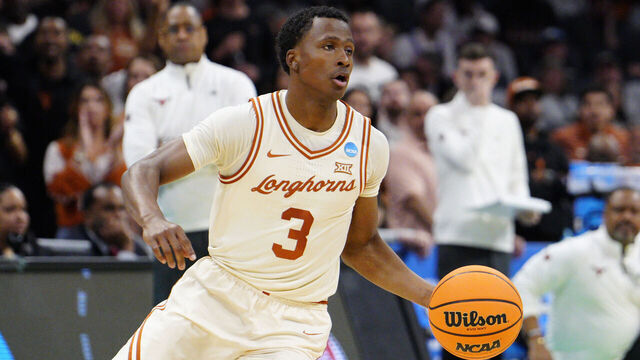 CHARLOTTE, NORTH CAROLINA - MARCH 21: Max Abmas #3 of the Texas Longhorns dribbles the ball during the first half against the Colorado State Rams in the first round of the NCAA Men's Basketball Tournament at Spectrum Center on March 21, 2024 in Charlotte, North Carolina.