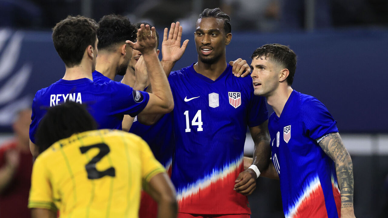 ARLINGTON, TEXAS - MARCH 21: Haji Wright #14 of the United States celebrates scoring with teammates during extra time against Jamaica during the Concacaf Nations League semifinal match at AT&T Stadium on March 21, 2024 in Arlington, Texas.